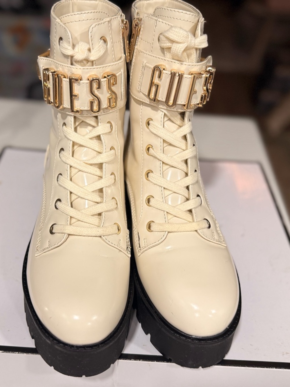 GUESS Cream Combat Boot with Black Lug Sole and Gold Logo Cuff - Picture 2 of 10